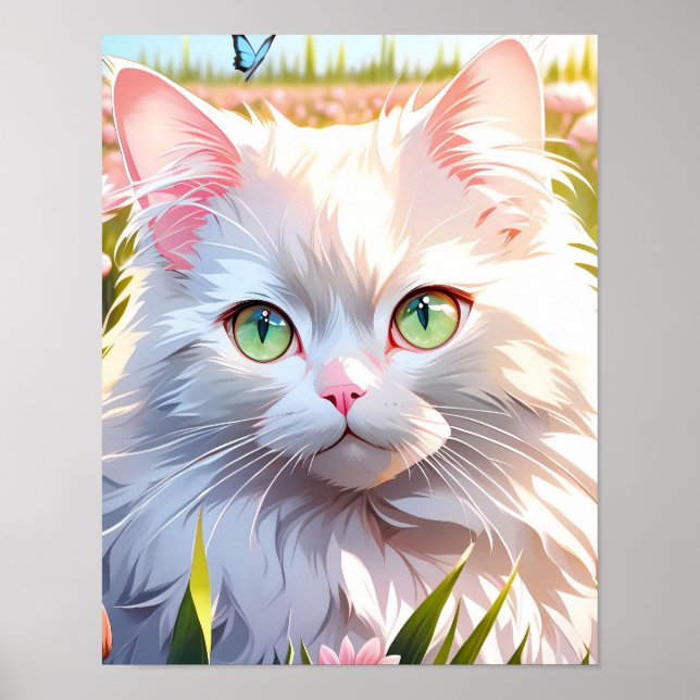 Vit Katt i Flower Fält AI Art Poster (Framsidan)