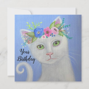 Vit Katt I Flower Krona Whimsical Art
