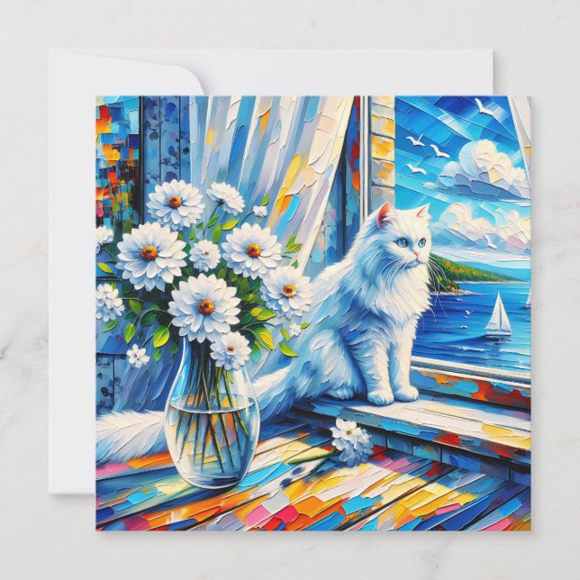 Vit katt i fönstersill Tittar ut vid havet (Framsida)