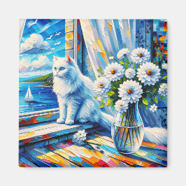 Vit katt i fönstersill Tittar ut vid havet Magnet