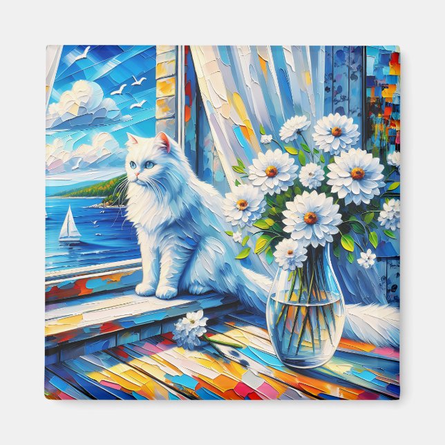 Vit katt i fönstersill Tittar ut vid havet Magnet (Framsidan)