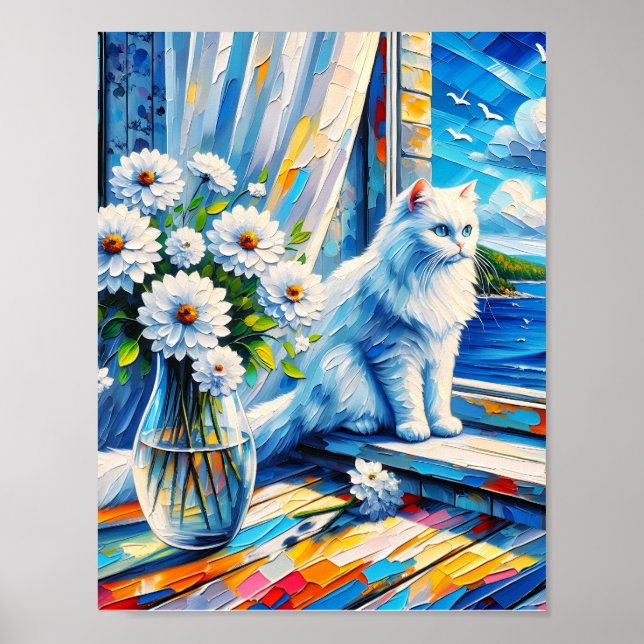 Vit katt i fönstersill Tittar ut vid havet Poster (Framsidan)