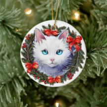 Vit katt i julkrans vattenfärg-målning,