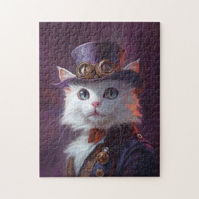 Vit Katt i Steampunk Costume Pussel (Vertikal)
