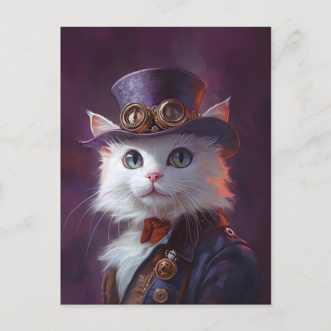 Vit Katt i Steampunk Costume Vykort (Framsida)