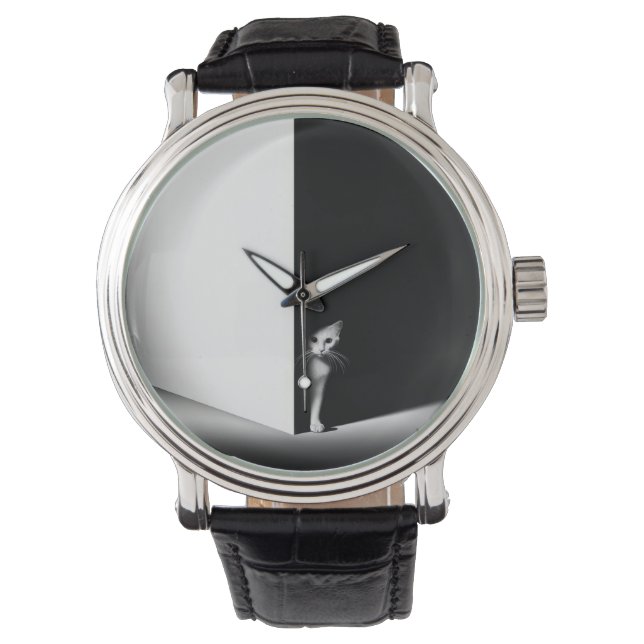 Vit katt i svarta skuggor armbandsur (Framsida)