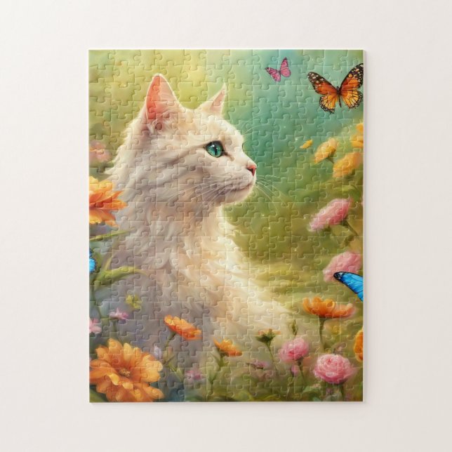 Vit katt i trädgård 713 pussel (Vertikal)