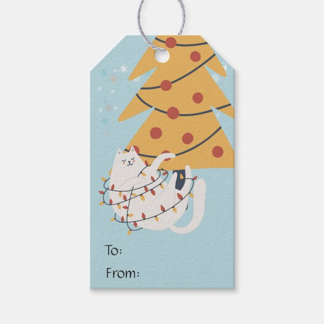 Vit katt inslagen i röd Julgran ljus Presentetikett (Framsidan)