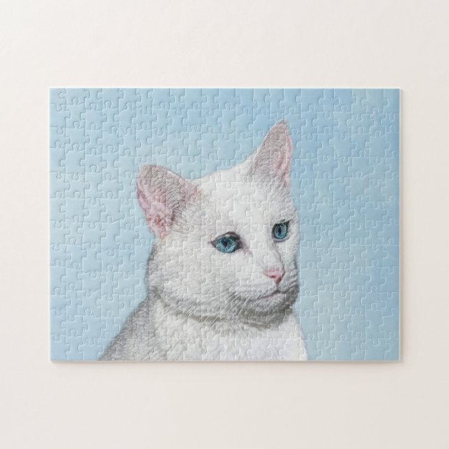 Vit katt-målning - Sött original konstverk med kat Pussel (Horisontell)