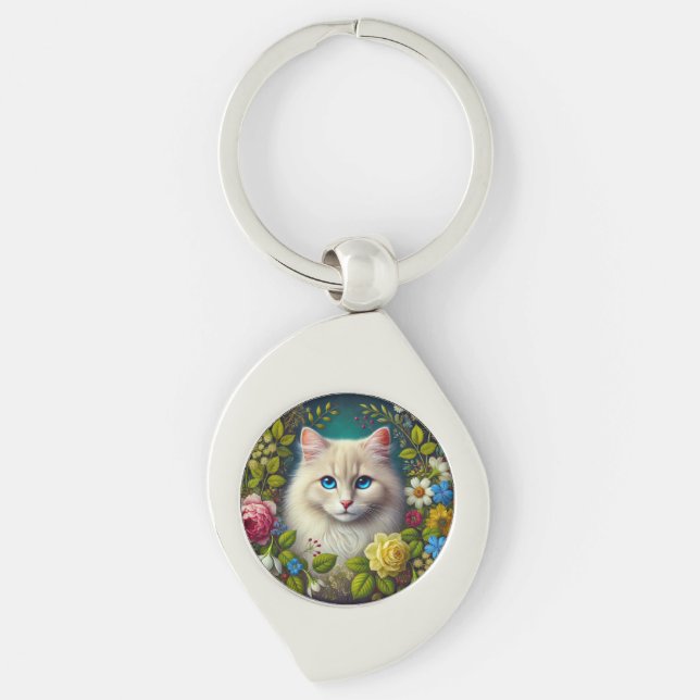 Vit katt med blå ögon swirl silverfärgad nyckelring (Framsidan)