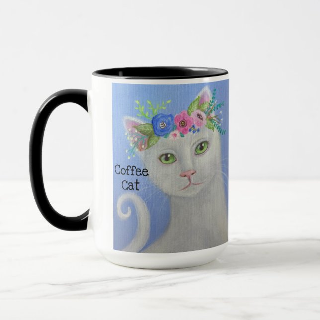 Vit katt med blomkrona 2 Mugg (Vänster)