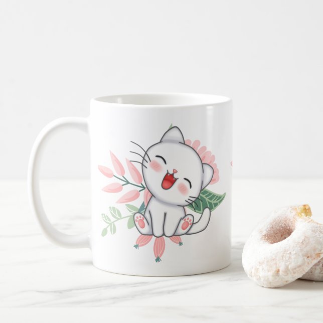 vit katt med blomma kaffemugg (Med munk)