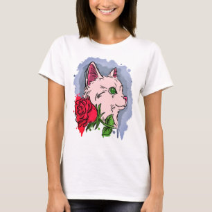 Vit katt med blomma t shirt