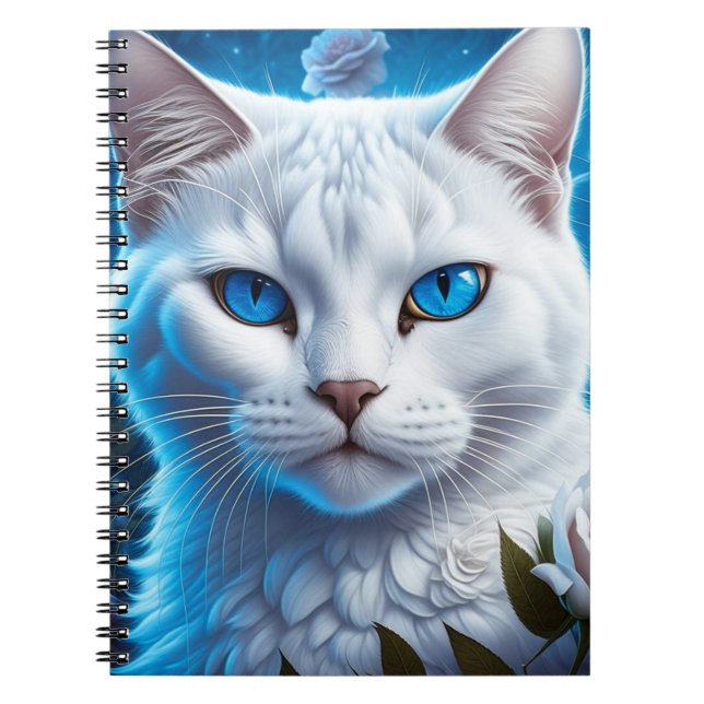 Vit katt med Blommigten Blått Ögon Anteckningsbok (Framsidan)