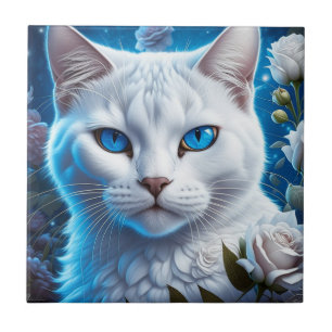 Vit katt med Blommigten Blått Ögon Kakelplatta