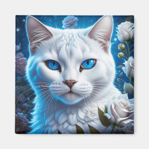 Vit katt med Blommigten Blått Ögon Magnet