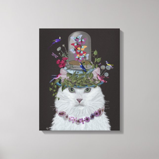 Vit Katt med Butterfly Bell Burk Canvastryck (Framsida)