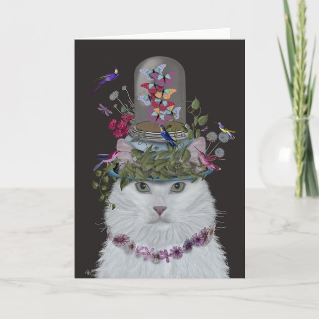 Vit Katt med Butterfly Bell Burk Kort (Framsida)