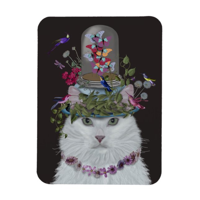 Vit Katt med Butterfly Bell Burk Magnet (Vertikal)