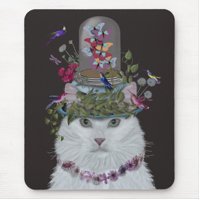 Vit Katt med Butterfly Bell Burk Musmatta (Framsidan)