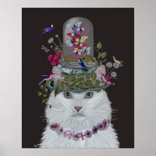 Vit Katt med Butterfly Bell Burk Poster (Framsidan)
