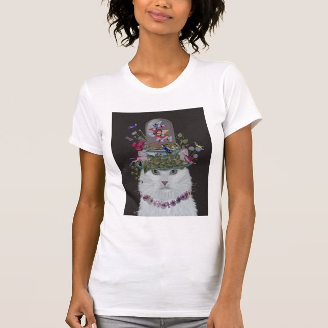 Vit Katt med Butterfly Bell Burk T Shirt (Framsida)