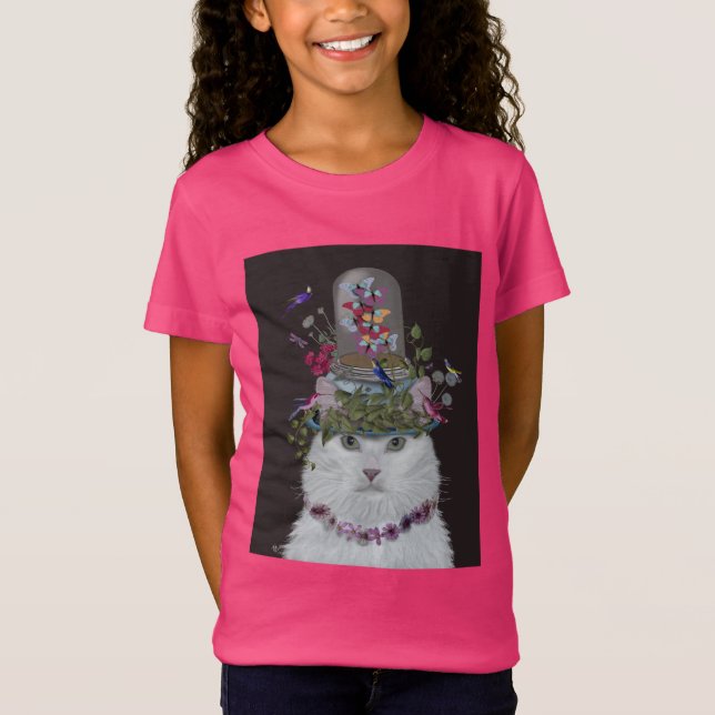 Vit Katt med Butterfly Bell Burk T Shirt (Framsida)