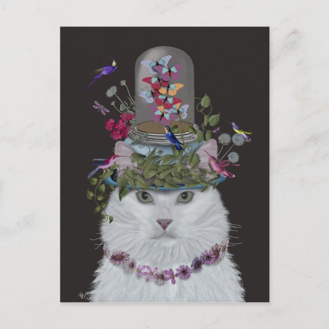 Vit Katt med Butterfly Bell Burk Vykort (Framsida)