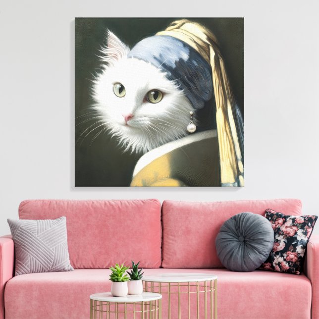 Vit katt med en pärla örhänge canvastryck (Insitu (Vardagsrum))