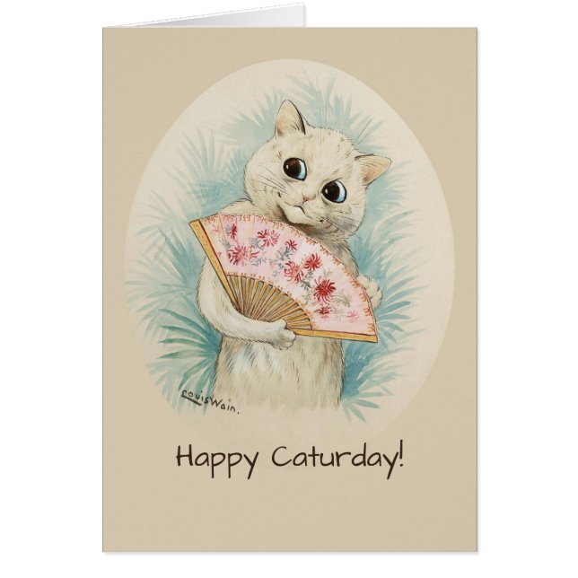Vit katt med fläkt CC0134 Louis Wain Hälsningskort (Framsidan)