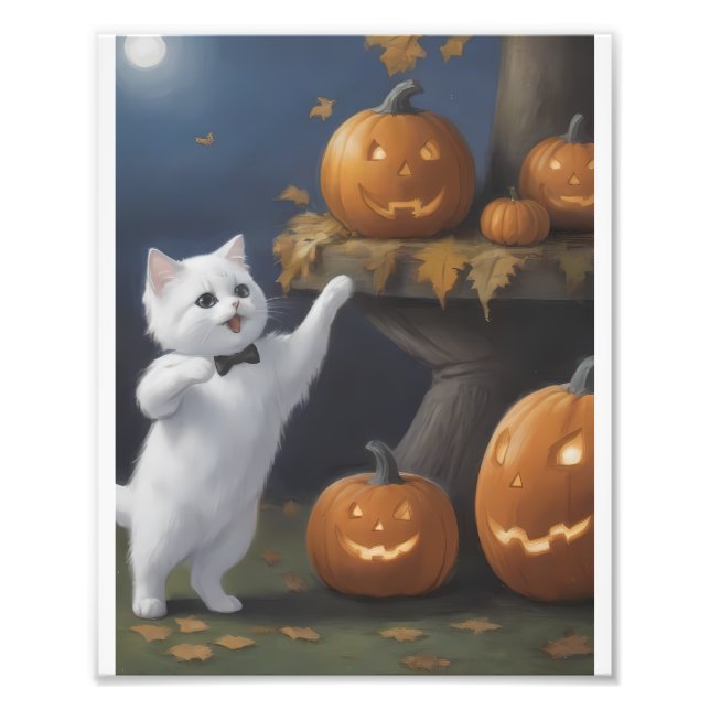 Vit katt med halloweenpumpor fototryck (Framsidan)