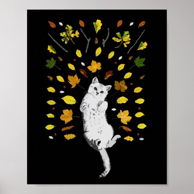 Vit katt med höst löv illustration poster (Framsidan)