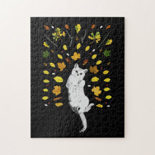 Vit katt med höst löv illustration pussel