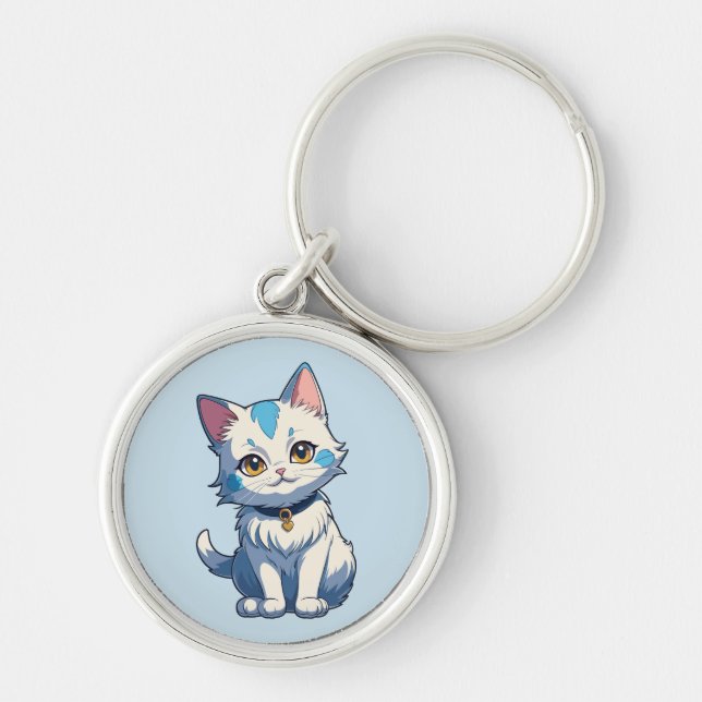 Vit katt med katt charm rund silverfärgad nyckelring (Framsidan)
