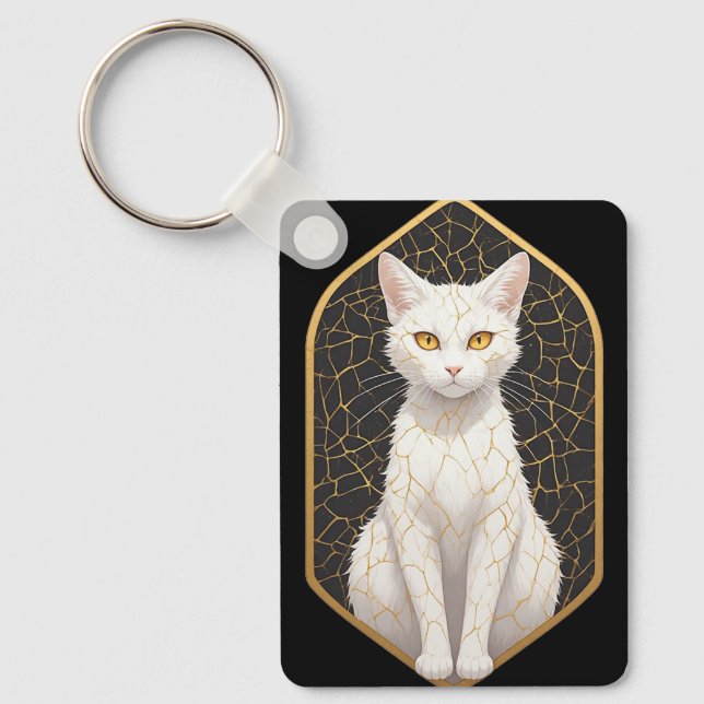Vit katt med Kintsugi-mönster 🐾 Nyckelring (Framsida)