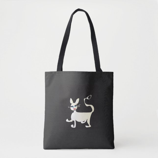 Vit katt med Makeup på Black Tote Bag Tygkasse (Framsida)