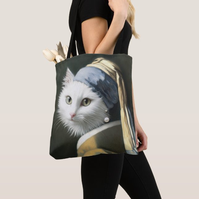 Vit katt med öronmålning tygkasse (Närbild)