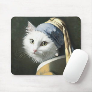Vit katt med öronmärkning musmatta