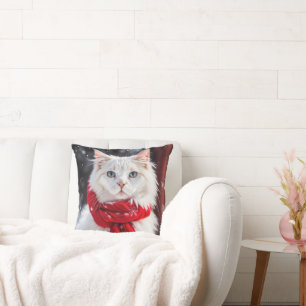 Vit Katt med Red Winter Scarf Kudde