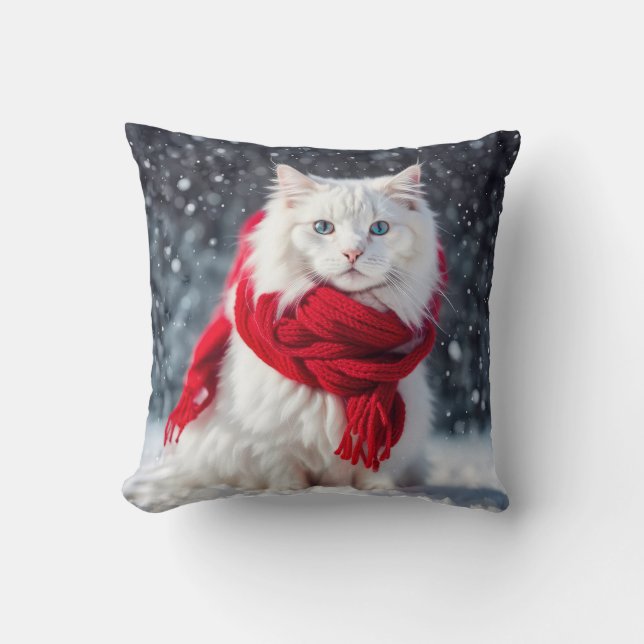 Vit Katt med Red Winter Scarf Kudde (Framsida)