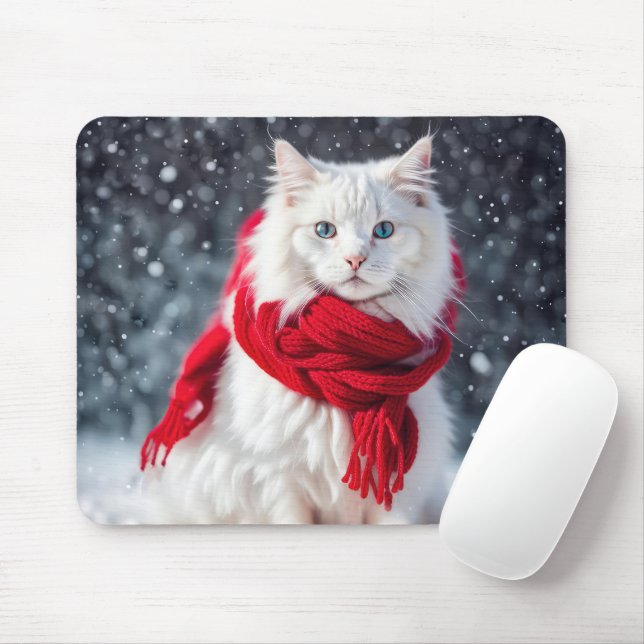 Vit Katt med Red Winter Scarf Musmatta (Med mus)