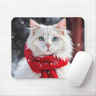 Vit Katt med Red Winter Scarf Musmatta