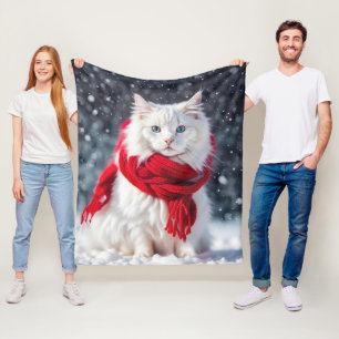 Vit katt med röd vinterscarf fleecefilt