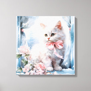Vit Katt med Rosa Bow i ett fönster Canvastryck