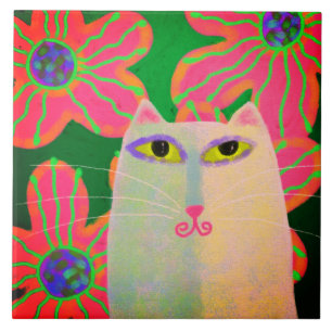 Vit katt med Rosa Flowers Abstrakt Painter Kakelplatta