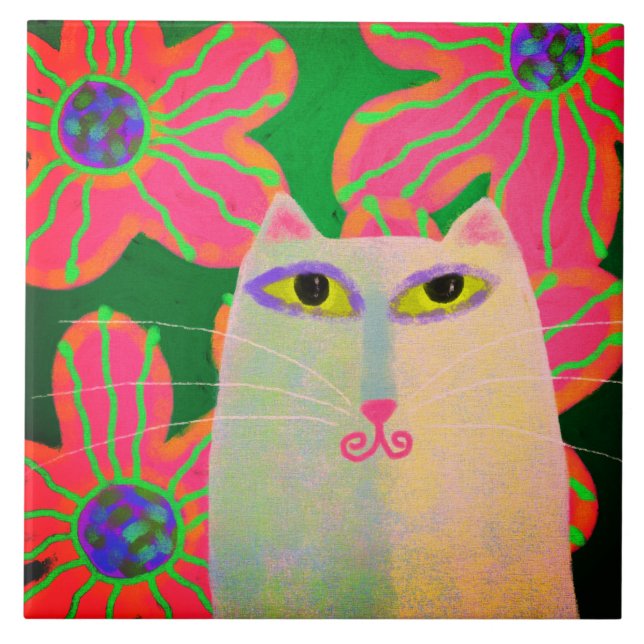 Vit katt med Rosa Flowers Abstrakt Painter Kakelplatta (Framsidan)