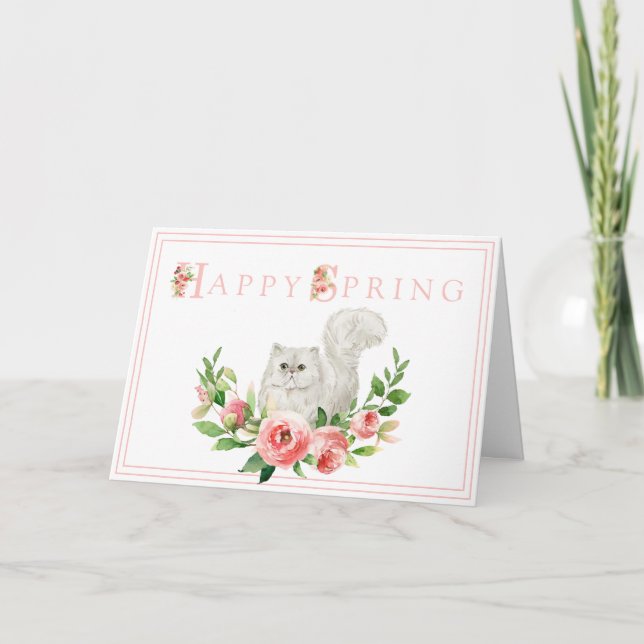 Vit katt med Rosa Flowers Påsk Card Tack Kort (Framsida)