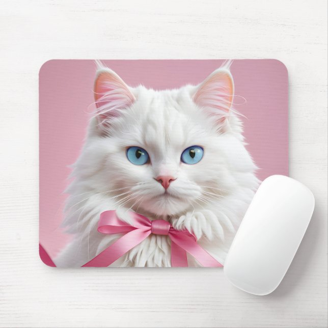 Vit katt med Rosa Ribbon Musmatta (Med mus)