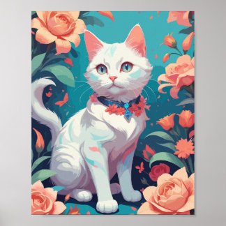 Vit Katt med rosa ros Poster
