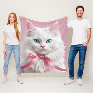 Vit Katt med Rosa Rosett band Fleecefilt